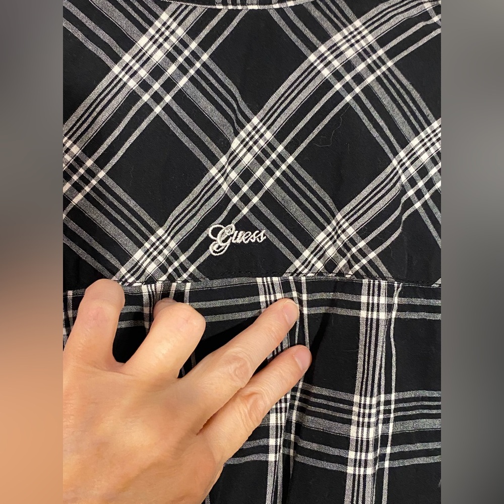 Y2K Guess Plaid Fitted Button Down Shirt Front Pockets Black White Large - Picture 4 of 7
